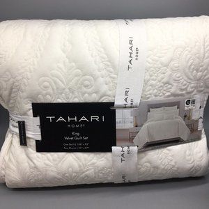 3pc Tahari Ivory Anita Ogee Holland KING Velvet Quilt Pillow Sham Set Designer